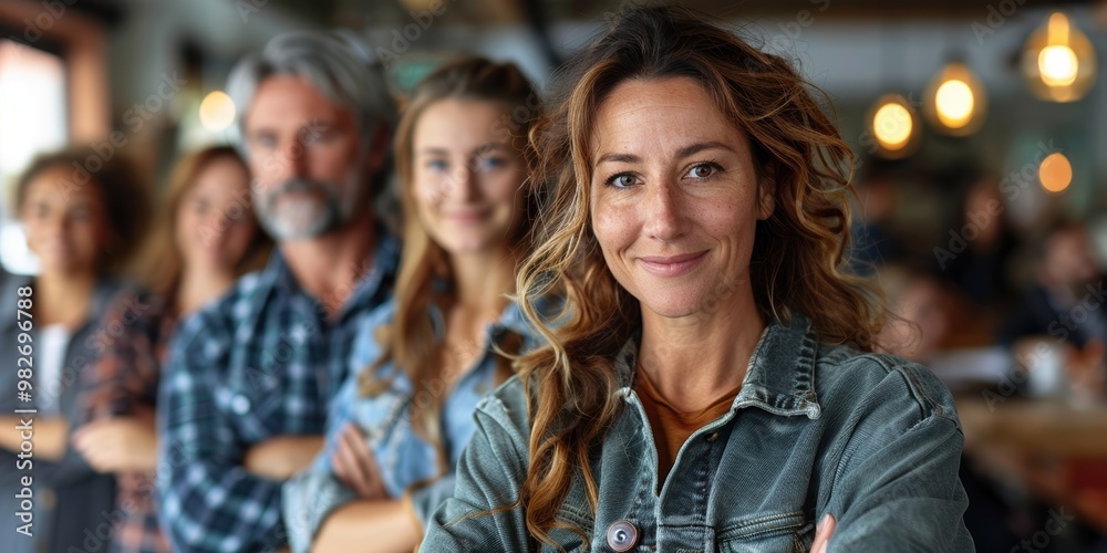 A diverse group of individuals, both young and mature, smiling and standing in a line together in a relaxed and casual indoor setting with warm lighting A diverse group of individuals, both young and mature, smiling and standing in a line together in a relaxed and casual indoor setting with warm lighting