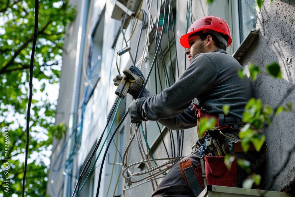 Construction worker in hard hat and safety vest inspects and repairs building exterior Construction worker in hard hat and safety vest inspects and repairs building exterior