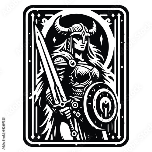 barbarian warrior female inside tarot card in black and white illustrations, cutout graphic