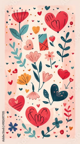 Playful Valentine's Hearts and Flowers Illustration