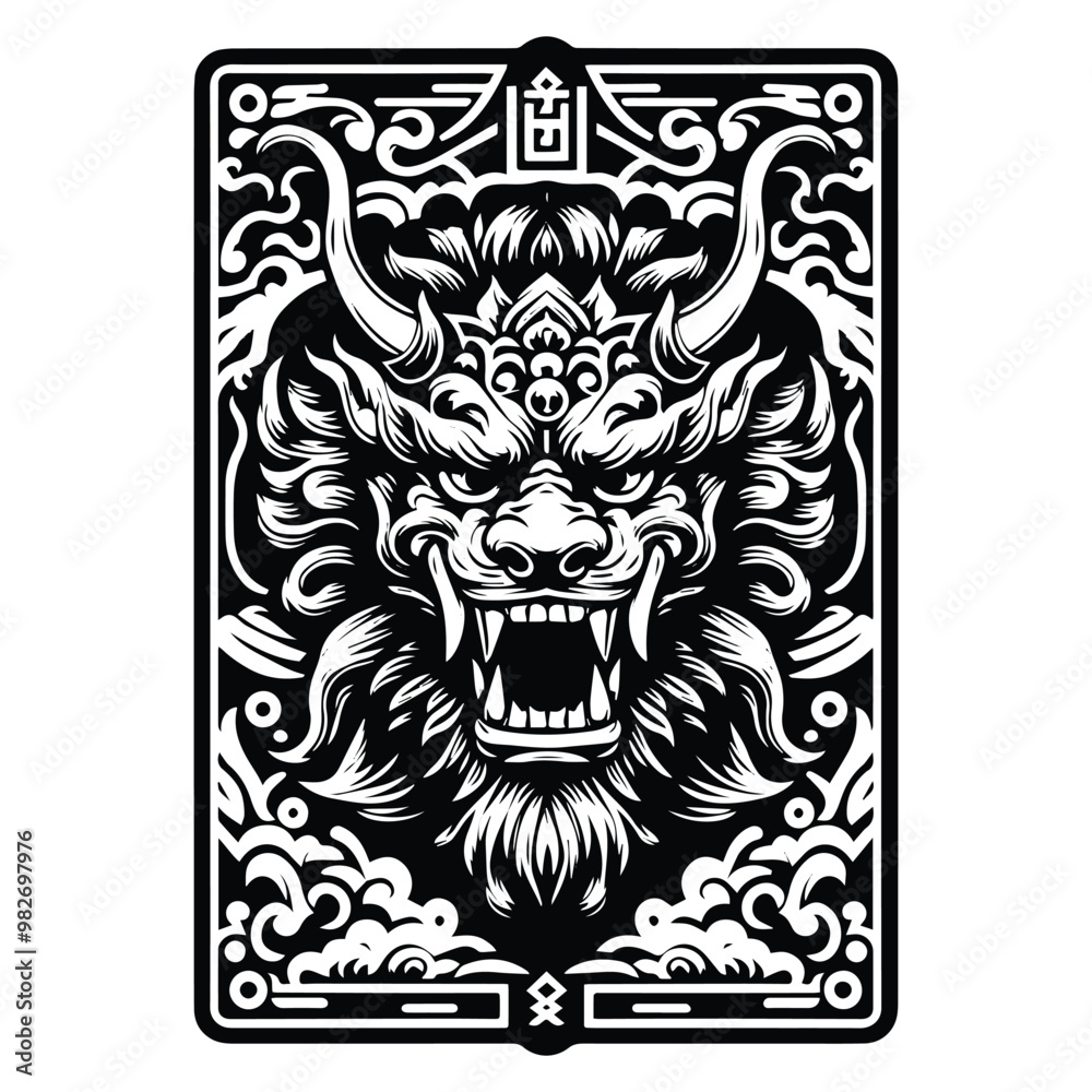 Barong with tarot card in black and white illustrations, cutout graphic Barong with tarot card in black and white illustrations, cutout graphic