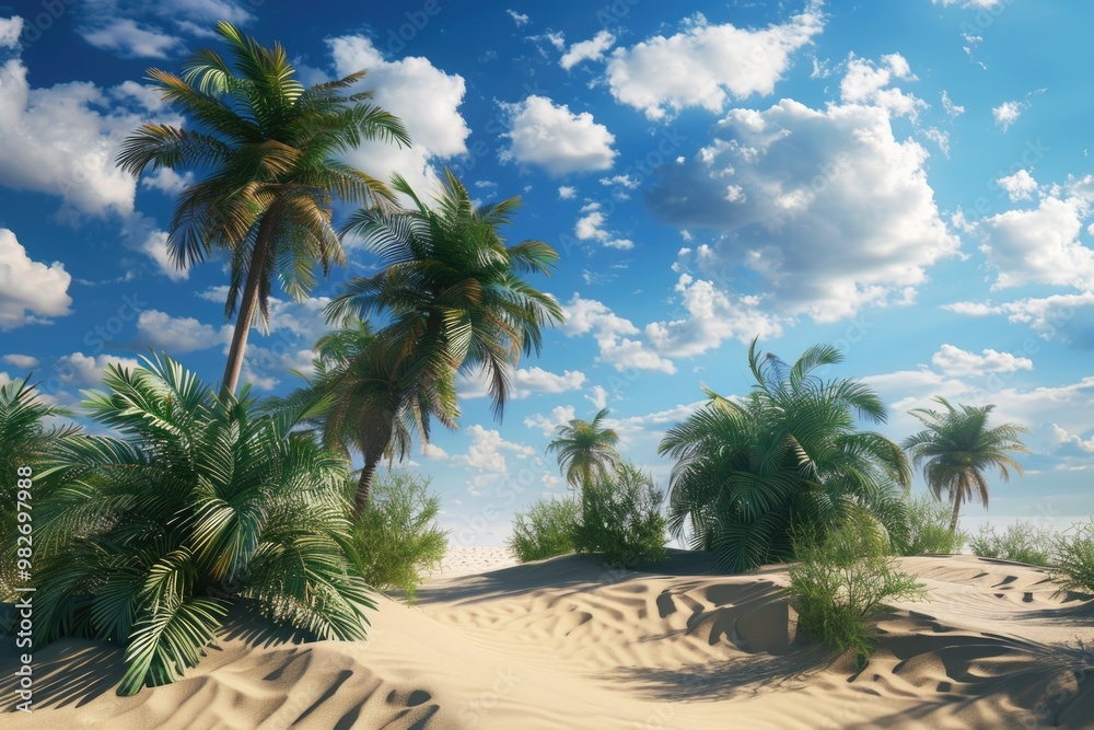 Coconut palms and sandy shoreline Coconut palms and sandy shoreline