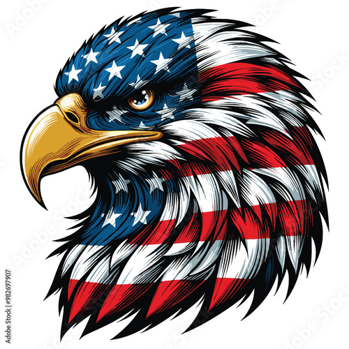 Bald eagle with American flag feathers, vector illustration, patriotic symbol, perfect for July 4th photo