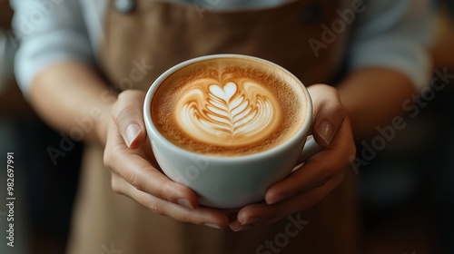 Barista in apron holding cup of coffee with latte art