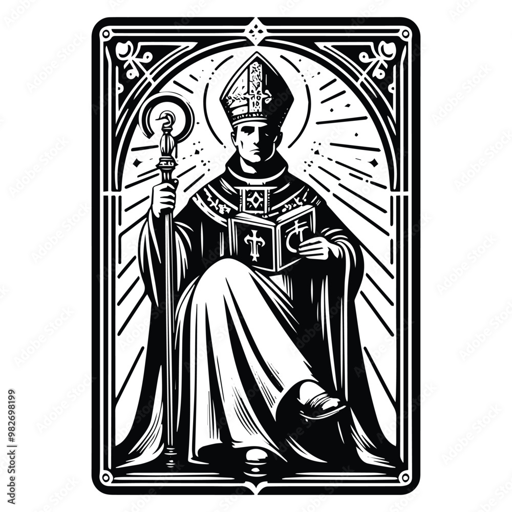 Fototapeta premium bishop with tarot card in black and white illustrations, cutout graphic