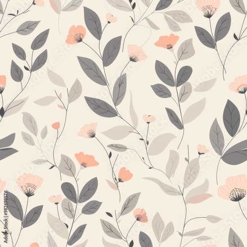 Delicate Botanical Pattern with Leaves and Small Flowers