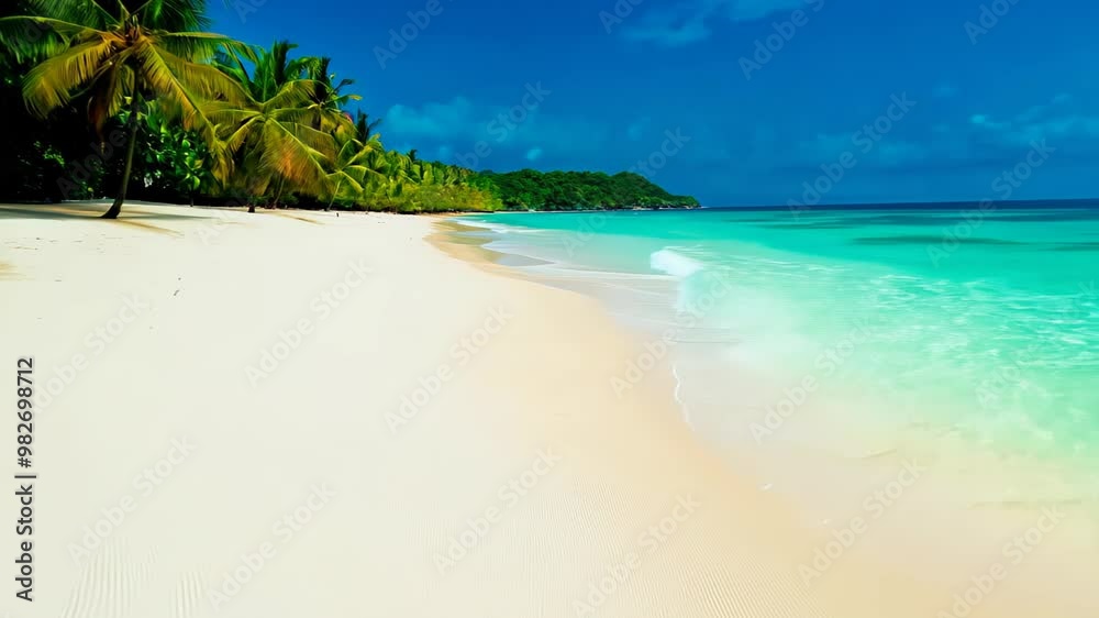 Pristine tropical beach with white sand, turquoise water, and palm trees under a clear blue sky. Pristine tropical beach with white sand, turquoise water, and palm trees under a clear blue sky.
