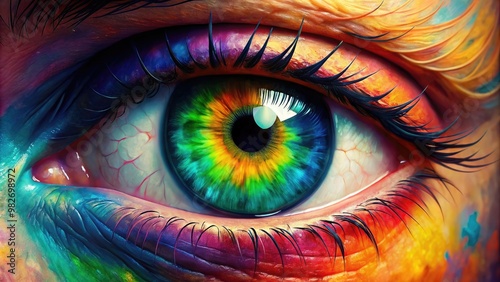 Close up of a colorful and detailed human eye iris painting, iris, close up, colorful, detailed, human eye
