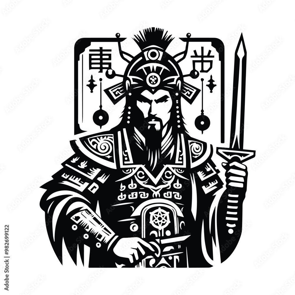 chinese warior male with tarot card decoration in black and white illustrations, cutout graphic chinese warior male with tarot card decoration in black and white illustrations, cutout graphic