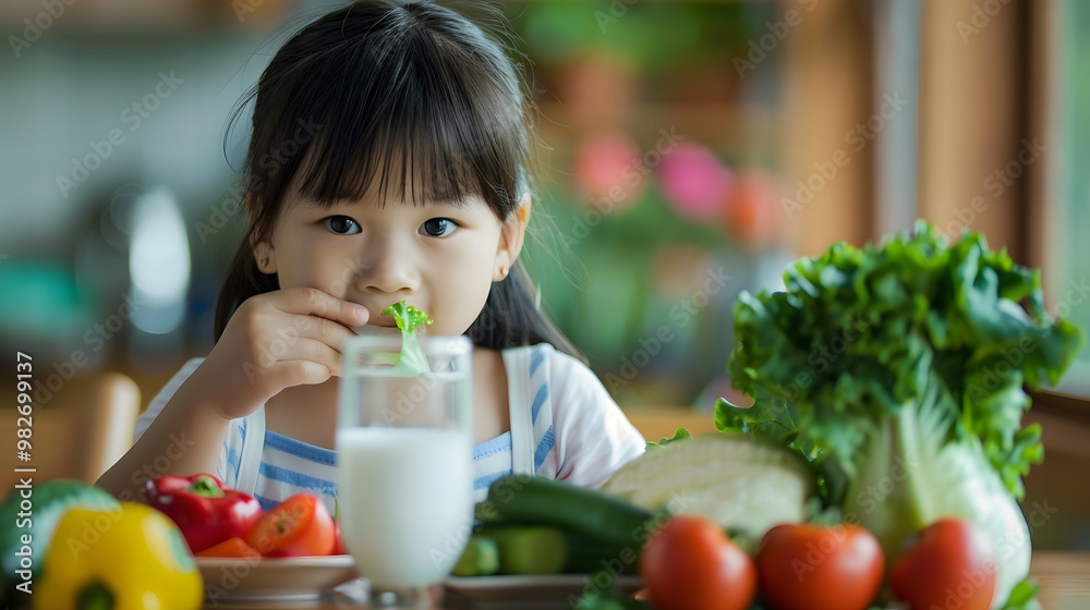 Cute Asian Child Girl Enjoying Vegetables and Milk: Healthy Eating Concept Cute Asian Child Girl Enjoying Vegetables and Milk: Healthy Eating Concept