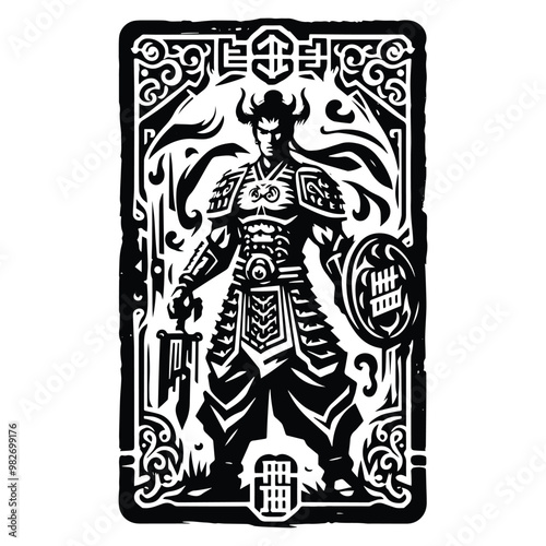 Wallpaper Mural chinese warior male with tarot card in black and white illustrations, cutout graphic Torontodigital.ca