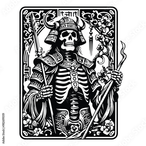 chinese warior skeleton with tarot card in black and white illustrations, cutout graphic