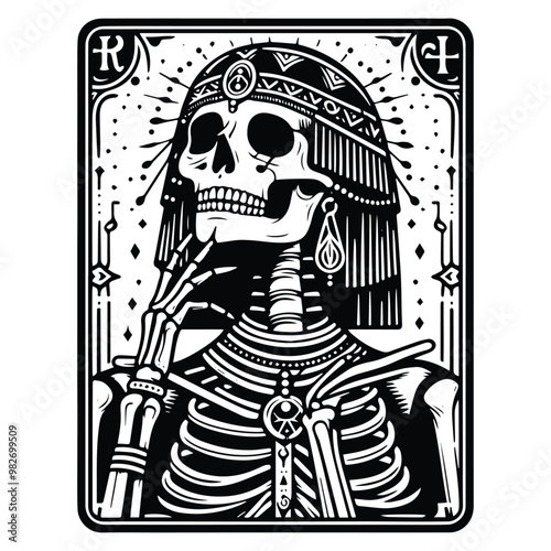 cleopatra skeleton with tarot card decoration in black and white illustrations, cutout graphic