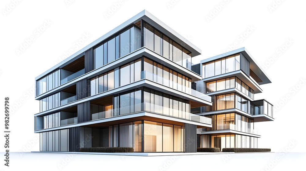 Sleek and Sophisticated Modern Highrise Apartment Complex with Geometric Glass and Steel Facade Sleek and Sophisticated Modern Highrise Apartment Complex with Geometric Glass and Steel Facade