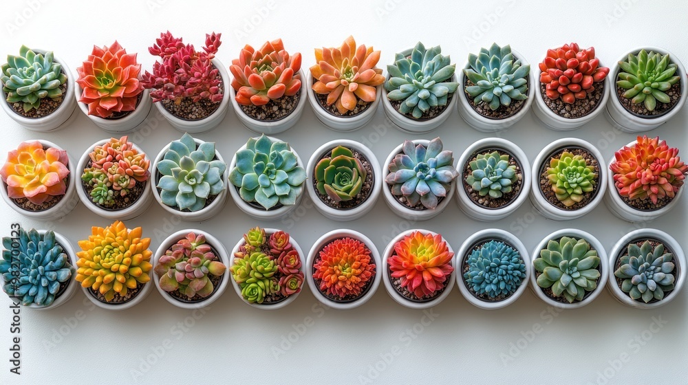 Colorful arrangement of succulents in small pots.