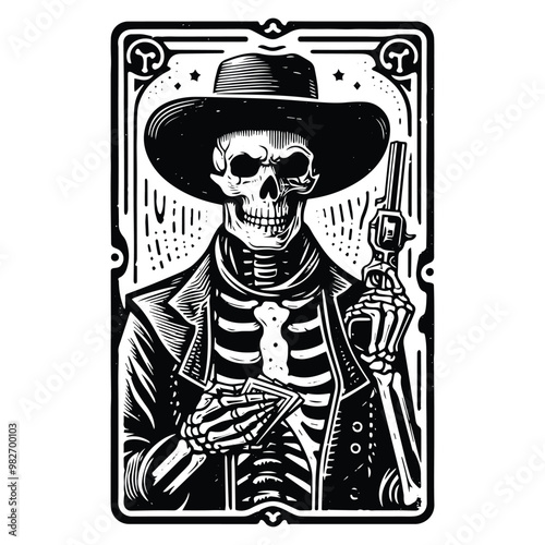 cowboy skeleton with tarot card in black and white illustrations, cutout graphic