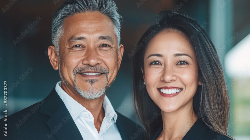Smiling Asian businessman and businesswoman. Smiling Asian businessman and businesswoman.