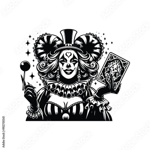crazy clown female with tarot card decoration in black and white illustrations, cutout graphic