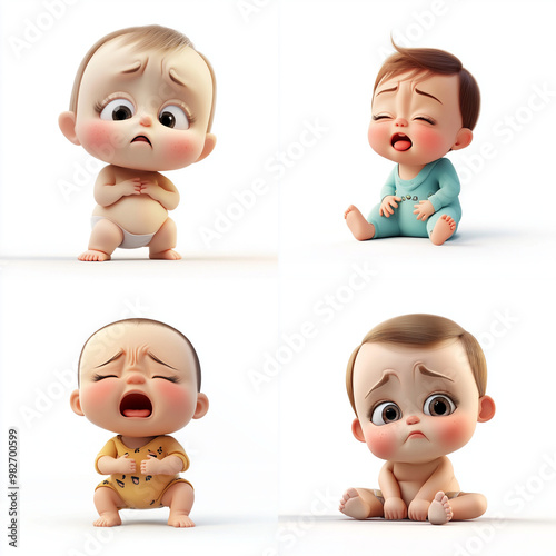 3D Cartoon Cute Funny Crying Baby Isolated on White Background