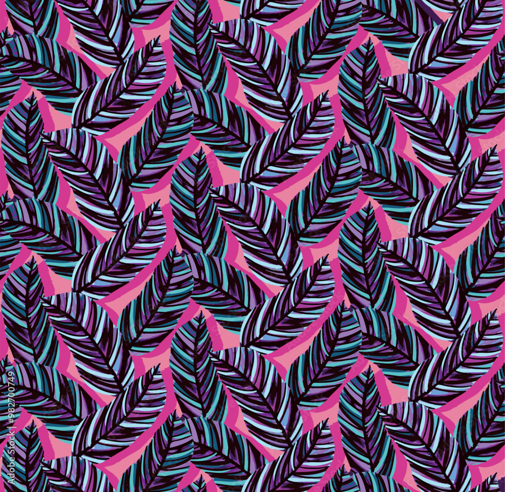 Fototapeta premium Seamless neon pink hand drawn leaves vector pattern design