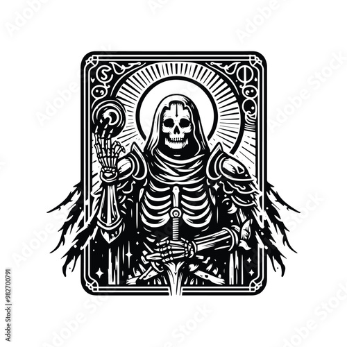 death knight with tarot card decoration in black and white illustrations, cutout graphic