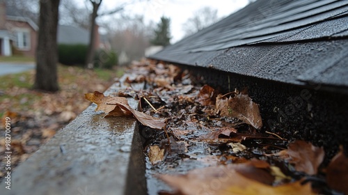 blocked gutter filled with autumn leaves and debris causing overflow issues and rainwater spilling over affecting the home drainage system