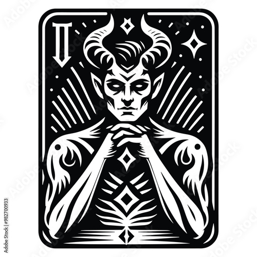 Devil with tarot card decoration in black and white illustrations, cutout graphic