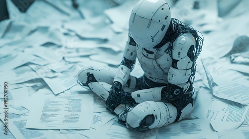 A kneeling humanoid robot, bound by a tangle of legal documents, highlighting the intricate web of the justice system close up, concept of entrapment, dynamic, double exposure, photo