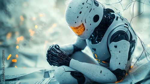 A kneeling humanoid robot, bound by a tangle of legal documents, highlighting the intricate web of the justice system close up, concept of entrapment, dynamic, double exposure, photo