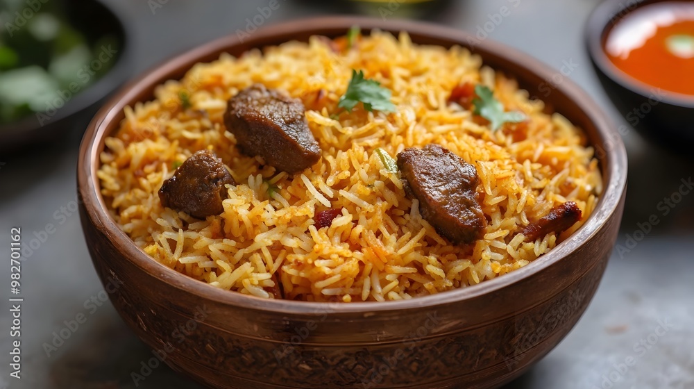 Aromatic Chicken Biryani in Wooden Bowl on Table Aromatic Chicken Biryani in Wooden Bowl on Table