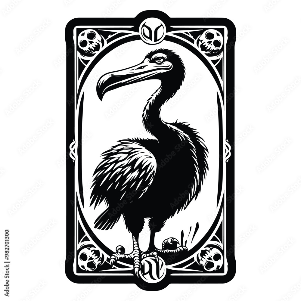 Fototapeta premium Dodo with tarot card in black and white illustrations, cutout graphic