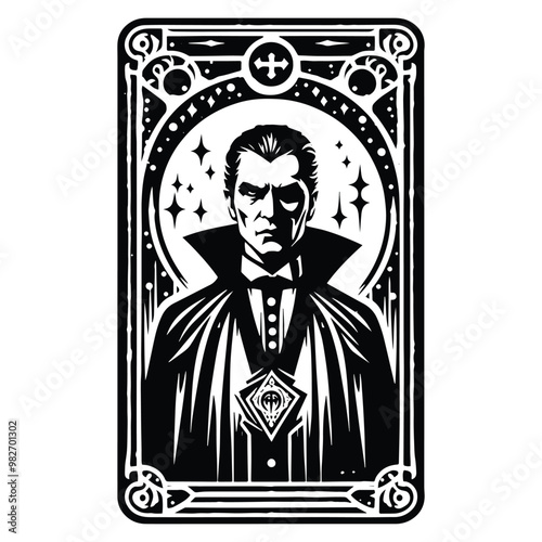 dracula with tarot card in black and white illustrations, cutout graphic