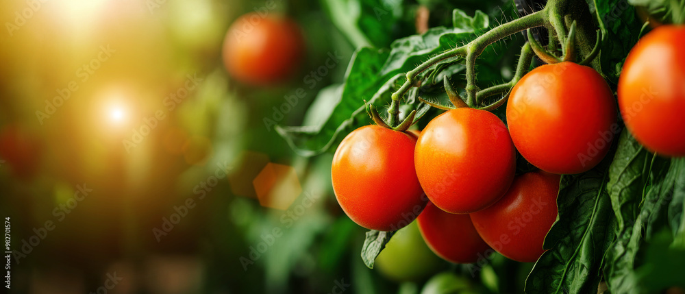 A bunch of ripe red tomatoes hanging from a plant A bunch of ripe red tomatoes hanging from a plant