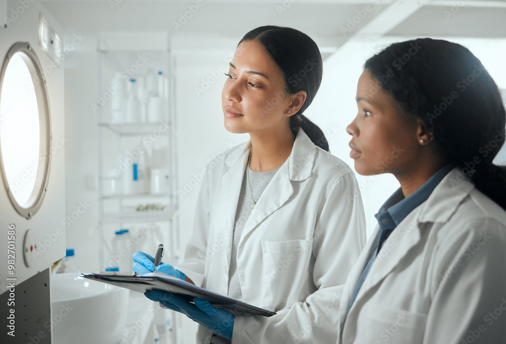Results, experiment or people in laboratory waiting for science breakthrough, clinical trial or discovery. Notes, medical exam or scientists writing checklist for DNA research, cure or development Results, experiment or people in laboratory waiting for science breakthrough, clinical trial or discovery. Notes, medical exam or scientists writing checklist for DNA research, cure or development
