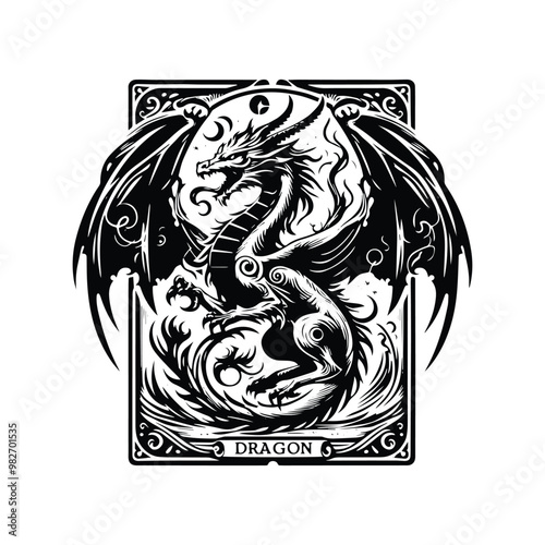 dragon with tarot card in black and white illustrations, cutout graphic
