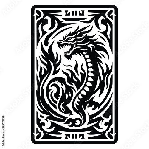 fire dragon with tarot card in black and white illustrations, cutout graphic