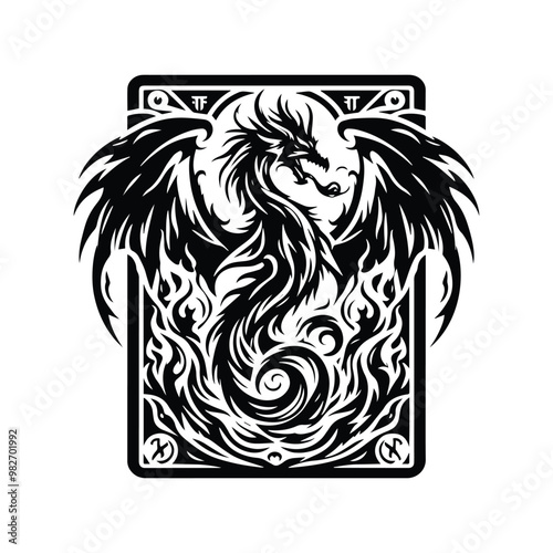 fire dragon with tarot card in black and white illustrations, cutout graphic