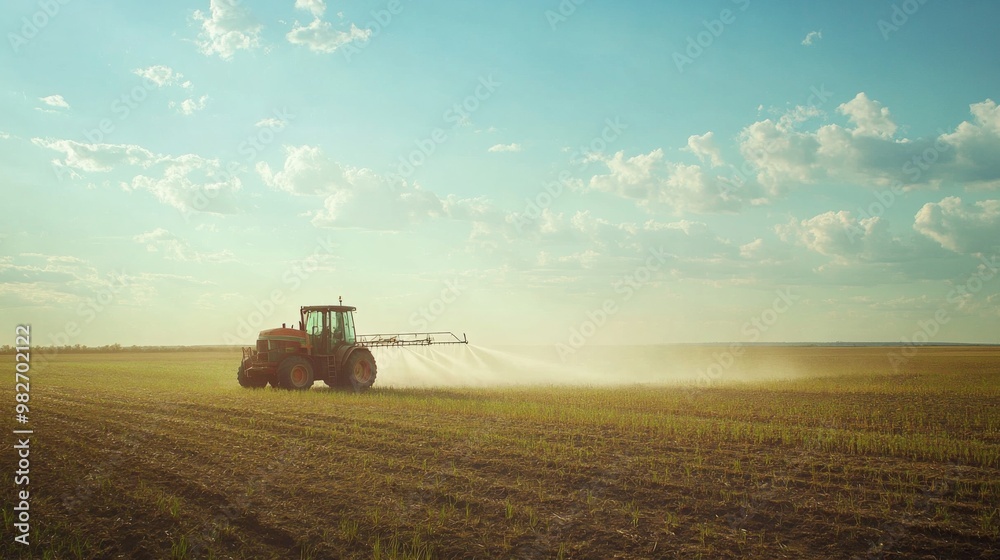 Fototapeta premium Agricultural equipment spraying water on a farm or agricultural land, possibly for irrigation purposes