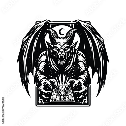gargoyle creature with tarot card in black and white illustrations, cutout graphic black and white illustration