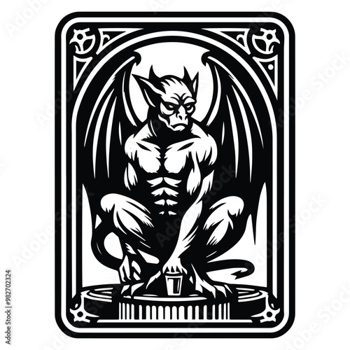 gargoyle creature with tarot card in black and white illustrations, cutout graphic black and white illustration