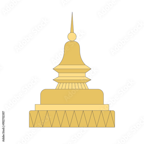  Golden yellow stupa Buddhist architectural sculptural religious building modern flat design style single isolated image
