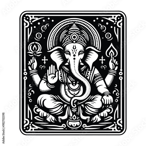 Ganesha hindu god with tarot card in black and white illustrations, cutout graphic