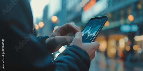Businessman using a smartphone app to buy or sell shares of stock market, shares assets investment risks and profit concept. 
