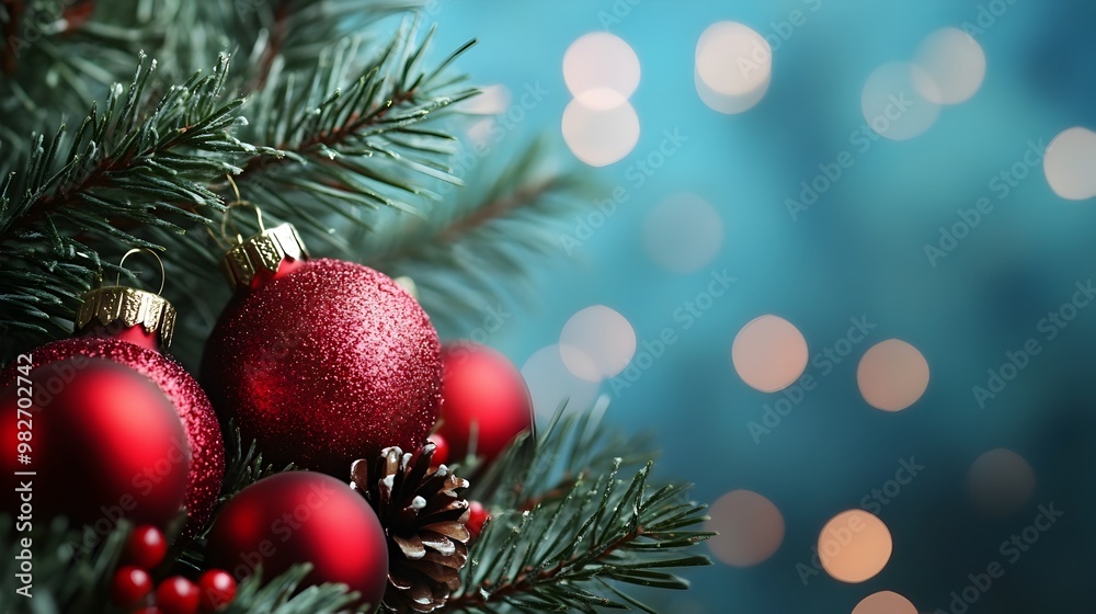 Festive Christmas Hanging on Pine Tree Branches with Blurred Lights Background