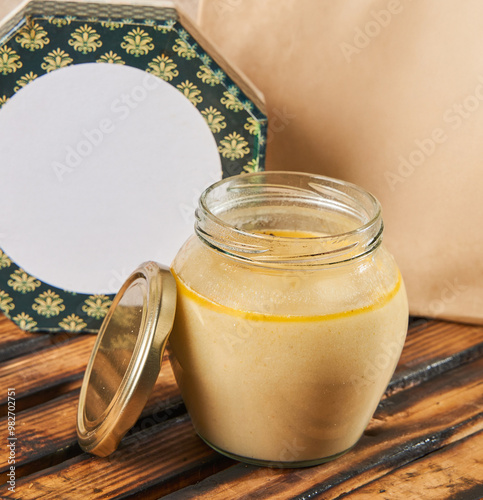 mushroom soup in a glass jar with mockup food delivery packaging