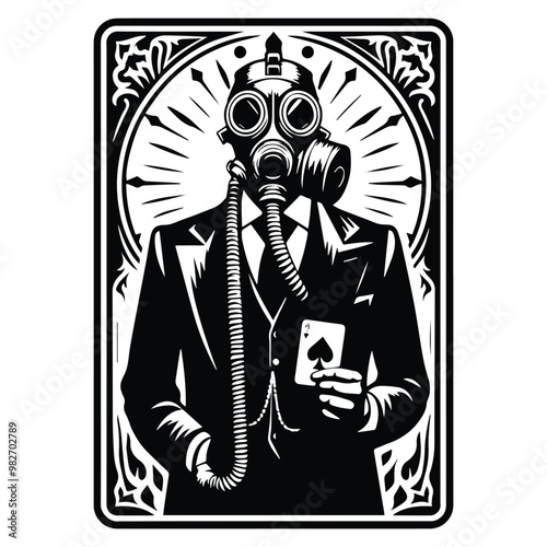 gasmask male with tarot card in black and white illustrations, cutout graphic