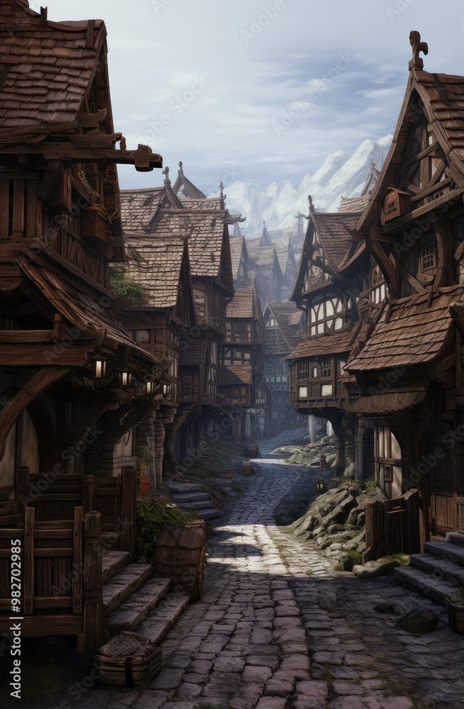 A Charming Scene of a Medieval Village Featuring Unique and Rustic Architecture Elements A Charming Scene of a Medieval Village Featuring Unique and Rustic Architecture Elements