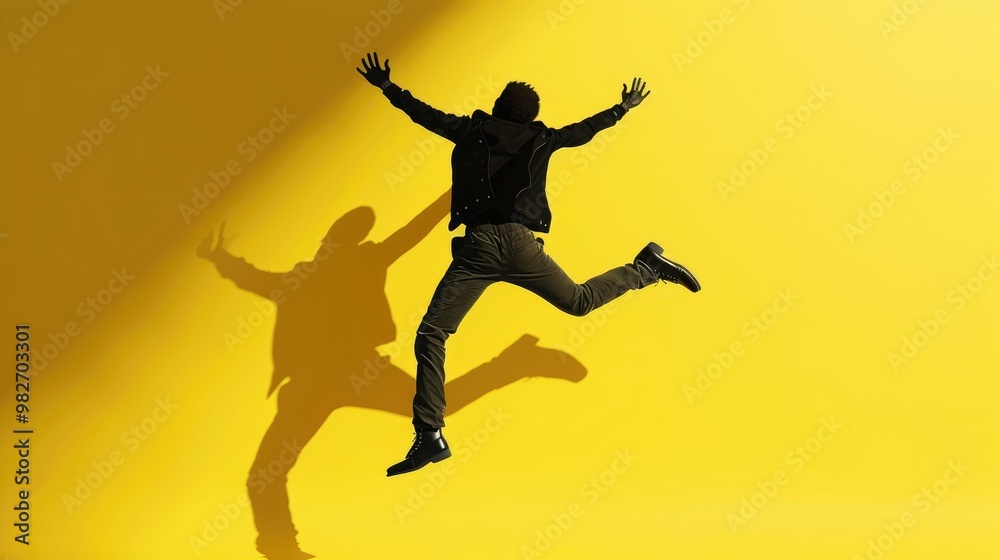 Three dimensional render of man jumping against yellow background Three dimensional render of man jumping against yellow background