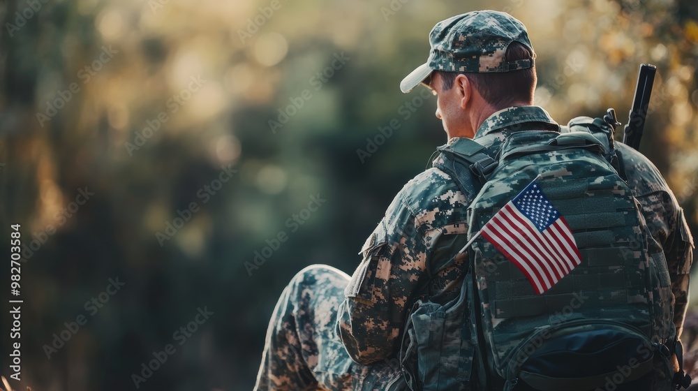 A solemn soldier with an American flag on his backpack stands quietly in a forest, symbolizing service and sacrifice. A solemn soldier with an American flag on his backpack stands quietly in a forest, symbolizing service and sacrifice.