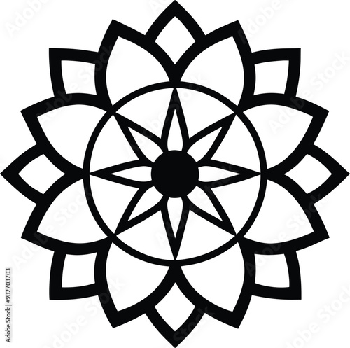 Intricate Black and White Mandala Design with Geometric Symmetry